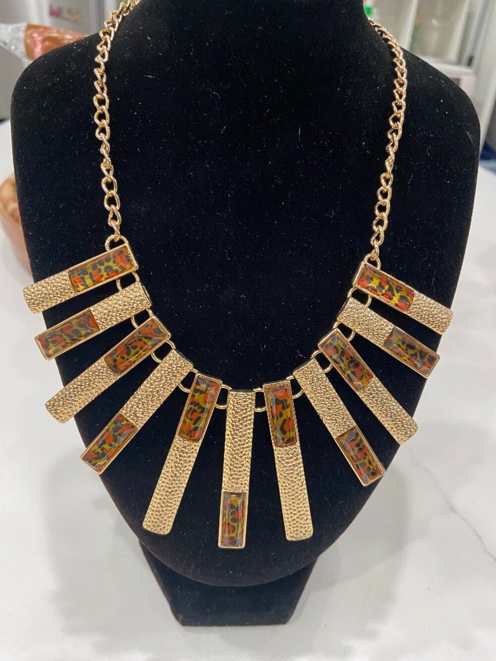 Gold Tone Leopard Print Textured Bar Bib Statement Necklace Chunky Animal Print